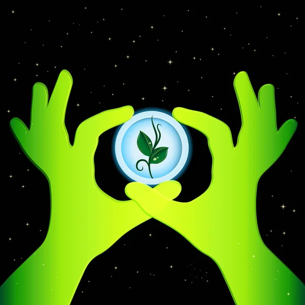 Earth day ecology concept background. Illustration with a small sprout in a round paper frame holds green hands. — Stock Vector