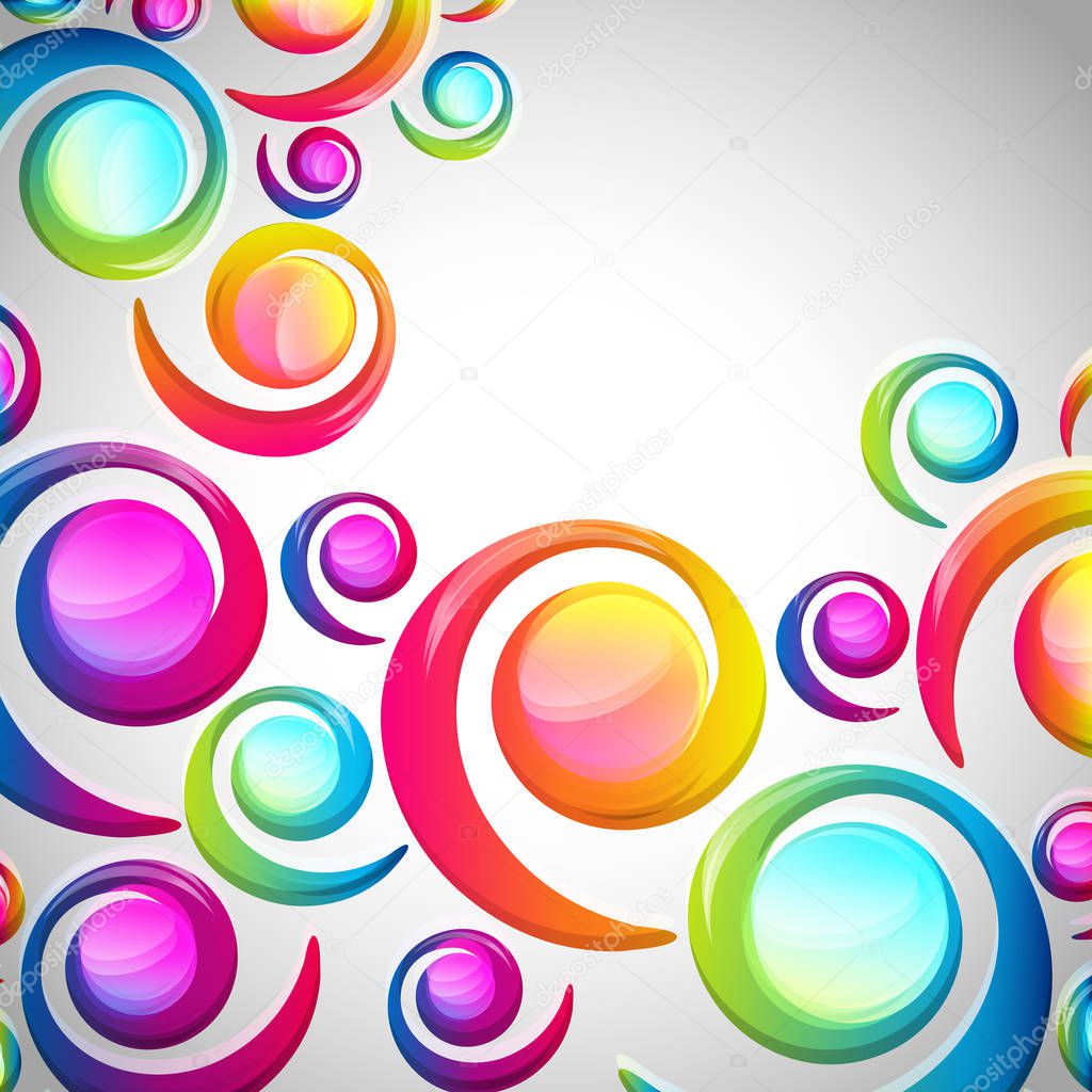 Abstract colorful spiral arc-drop pattern on a light background.