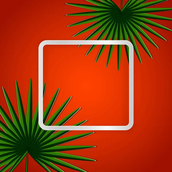 Heta semester Card. gröna tropiska papper blad på ett torg ljus ram för din Text. Ljusa Orange bakgrund. — Stock vektor