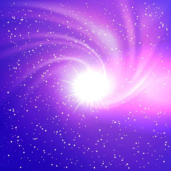 Milagre luz fundo feriado. Estouro espacial rosa e lilás com estrelas . — Vetor de Stock