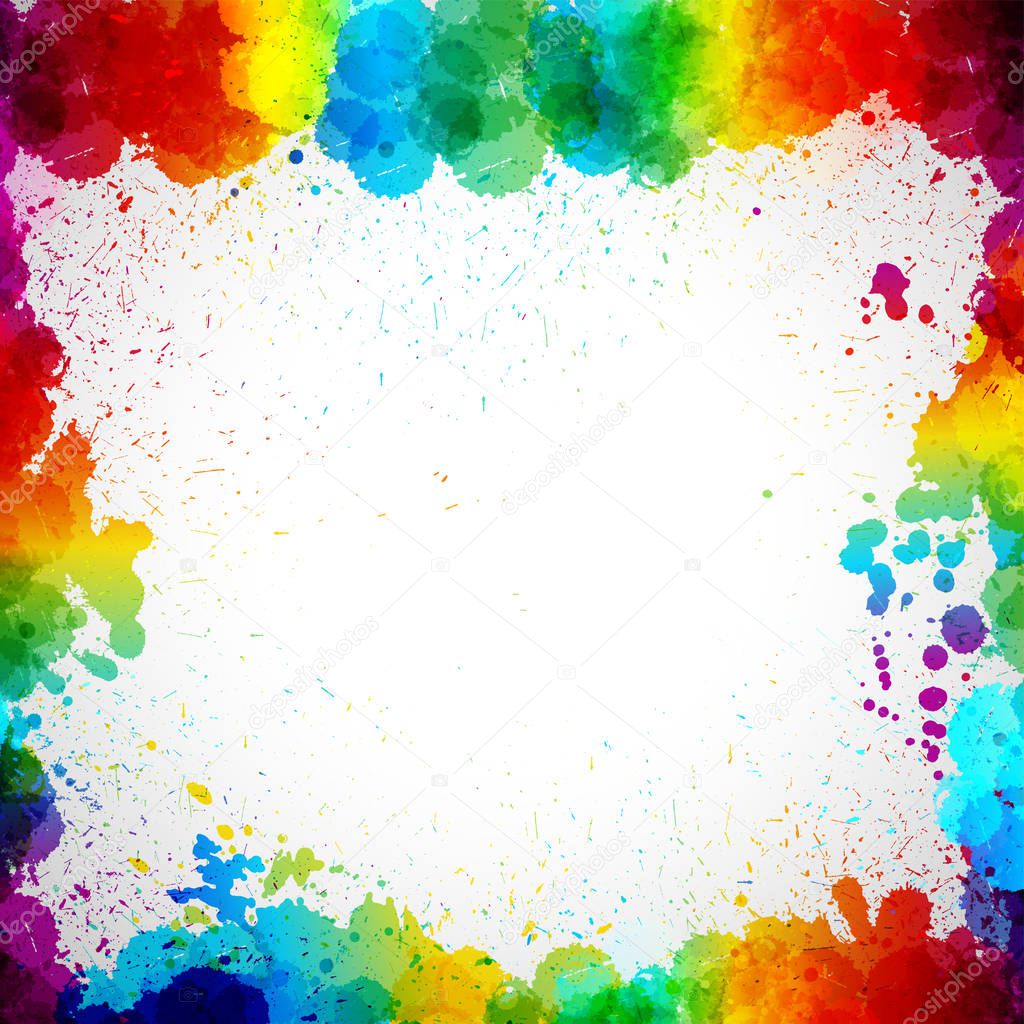 Colorful frame made in splash paint drop blots on a white background. 
