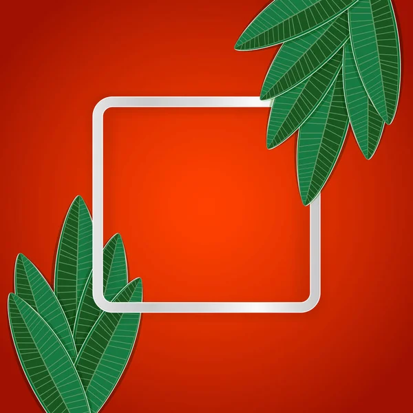 Hot Vacation Card. Feuilles de papier tropical vert sur un cadre lumineux carré pour votre texte. Fond orange vif . — Image vectorielle