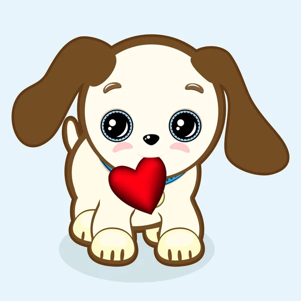 Cãozinho bonito com olhos expressivos e orelhas grandes segura um coração em sua boca . — Vetor de Stock