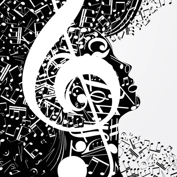 Perfil feminino abstrato composto por sinais musicais, notas. Cartaz musical com DJ, alma da música, capa para CD . —  Vetores de Stock