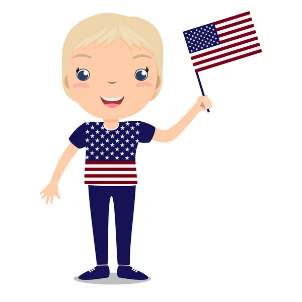 Lachend kind, meisje, een Amerikaanse vlag geïsoleerd op een witte achtergrond te houden. — Stockvector