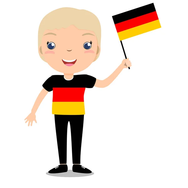 Niño sonriente, muchacho, sosteniendo una bandera de Alemania aislada sobre fondo blanco . — Vector de stock