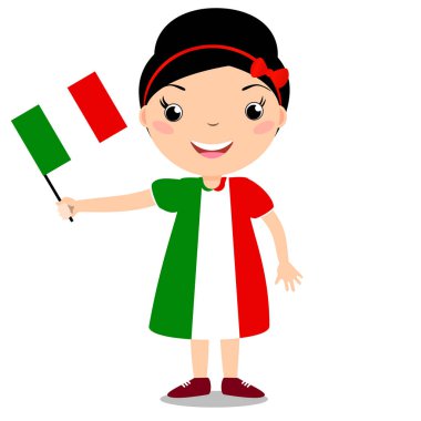 Gülümseyen çocuk, kız, beyaz arka plan üzerinde izole bir İtalya bayrak tutan. 