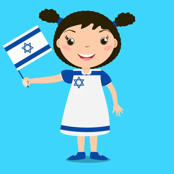 Улыбающийся ребенок, девочка, держа флаг Израиля изолирован на синем фоне . — стоковый вектор
