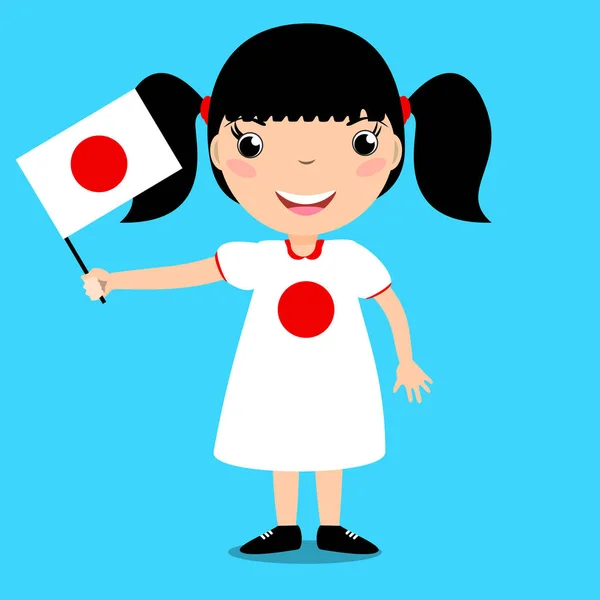 Souriant enfant, fille, tenant un drapeau du Japon isolé sur fond bleu . — Image vectorielle