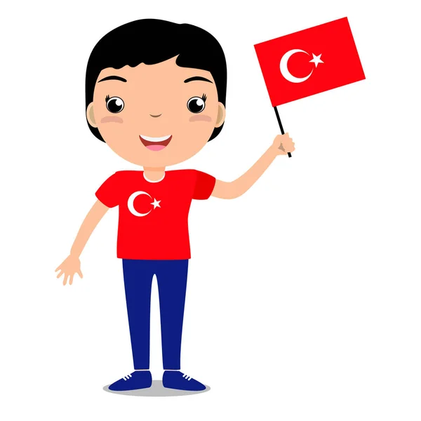 Niño sonriente, muchacho, sosteniendo una bandera de Turquía aislada sobre fondo blanco. Vector mascota de dibujos animados. Ilustración de vacaciones al día del país, Día de la Independencia, Día de la Bandera . — Archivo Imágenes Vectoriales