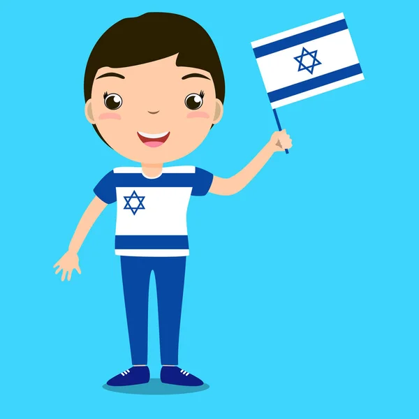 Criança sorridente, rapaz, segurando uma bandeira de Israel isolada no fundo azul. Mascote de desenho animado vetorial. Ilustração do feriado para o dia do país, Dia da independência, Dia da bandeira . —  Vetores de Stock