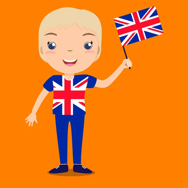 Χαμογελαστό παιδί, αγόρι, κρατώντας μια μεγάλη Βρετανία σημαία που απομονώνονται σε πορτοκαλί φόντο. Διάνυσμα κινουμένων σχεδίων μασκότ. Εικονογράφηση διακοπών στην ημέρα της χώρας, ημέρα ανεξαρτησίας, ημέρα της σημαίας. — Διανυσματικό Αρχείο