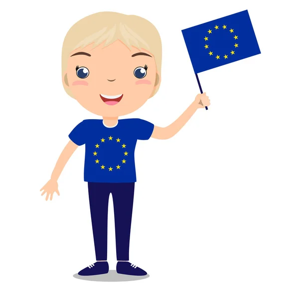 Uśmiechający się dziecko, chłopiec, trzymając flagę Unii Europejskiej na białym tle. Wektor kreskówka maskotka. Ilustracja do dnia kraju, Święto Niepodległości, dzień flagi. — Wektor stockowy