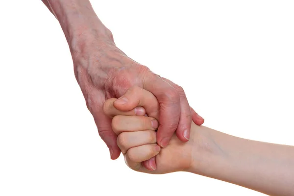 Oud en jong hand in hand van elkaar, geïsoleerd op een witte achtergrond. — Stockfoto