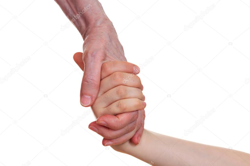 Old and young holding hands of each other, isolated on a white