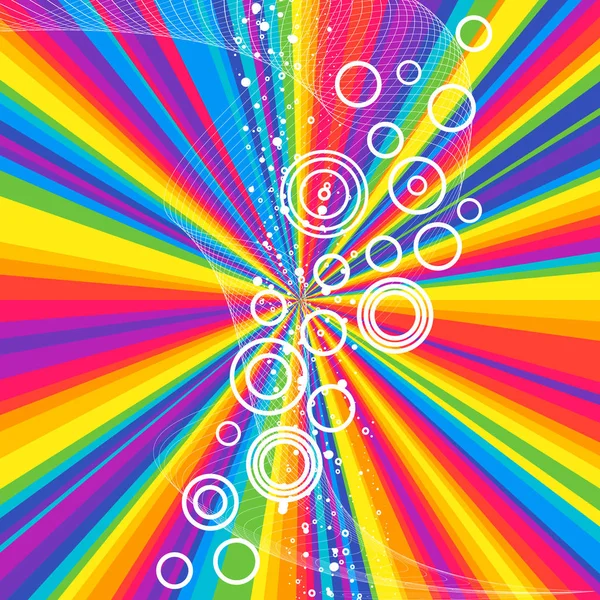 Rays rainbow striped pattern with white wave lines and circles. — Stock Vector