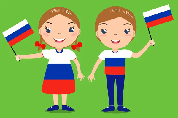 Lächelnde Kinder, Junge und Mädchen, mit einer russischen Flagge auf grünem Hintergrund. — Stockvektor