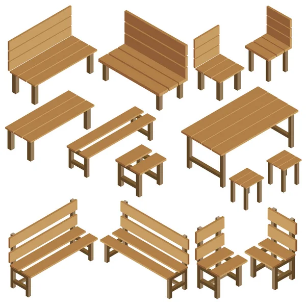 Muebles isométricos del jardín del vector para el parque, ciudad, residencia del verano — Vector de stock