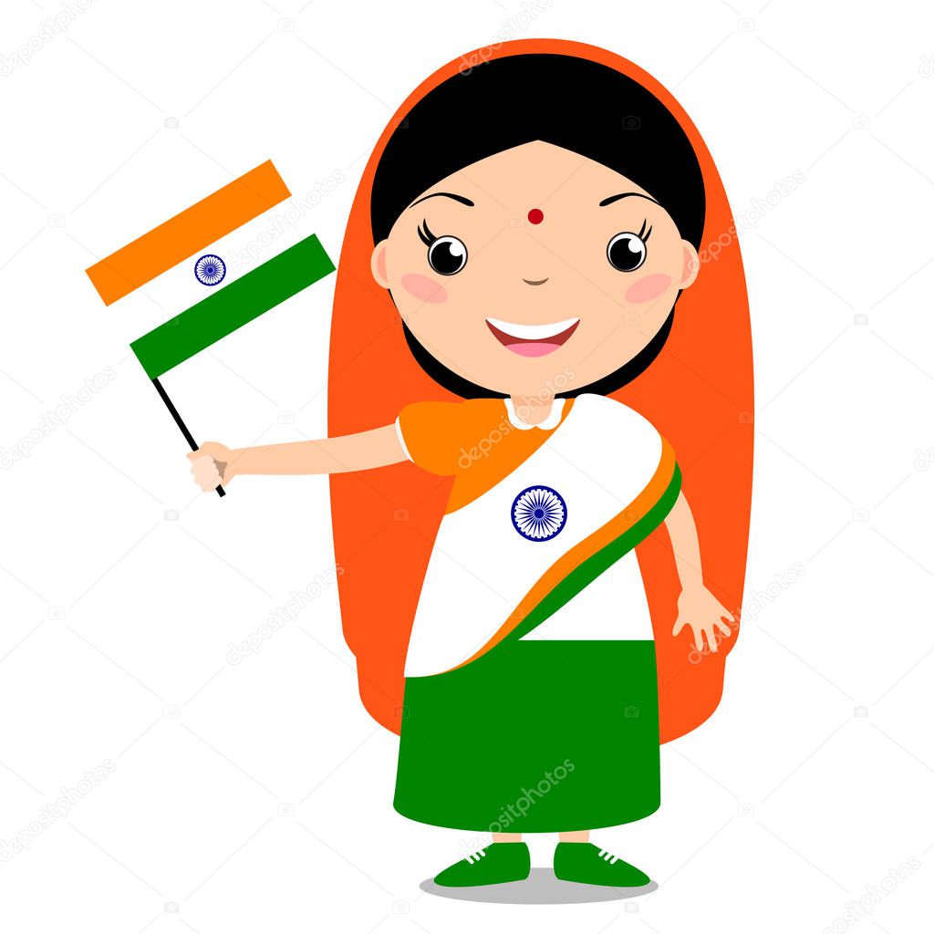 Smiling chilld, girl, holding a India flag isolated on white bac