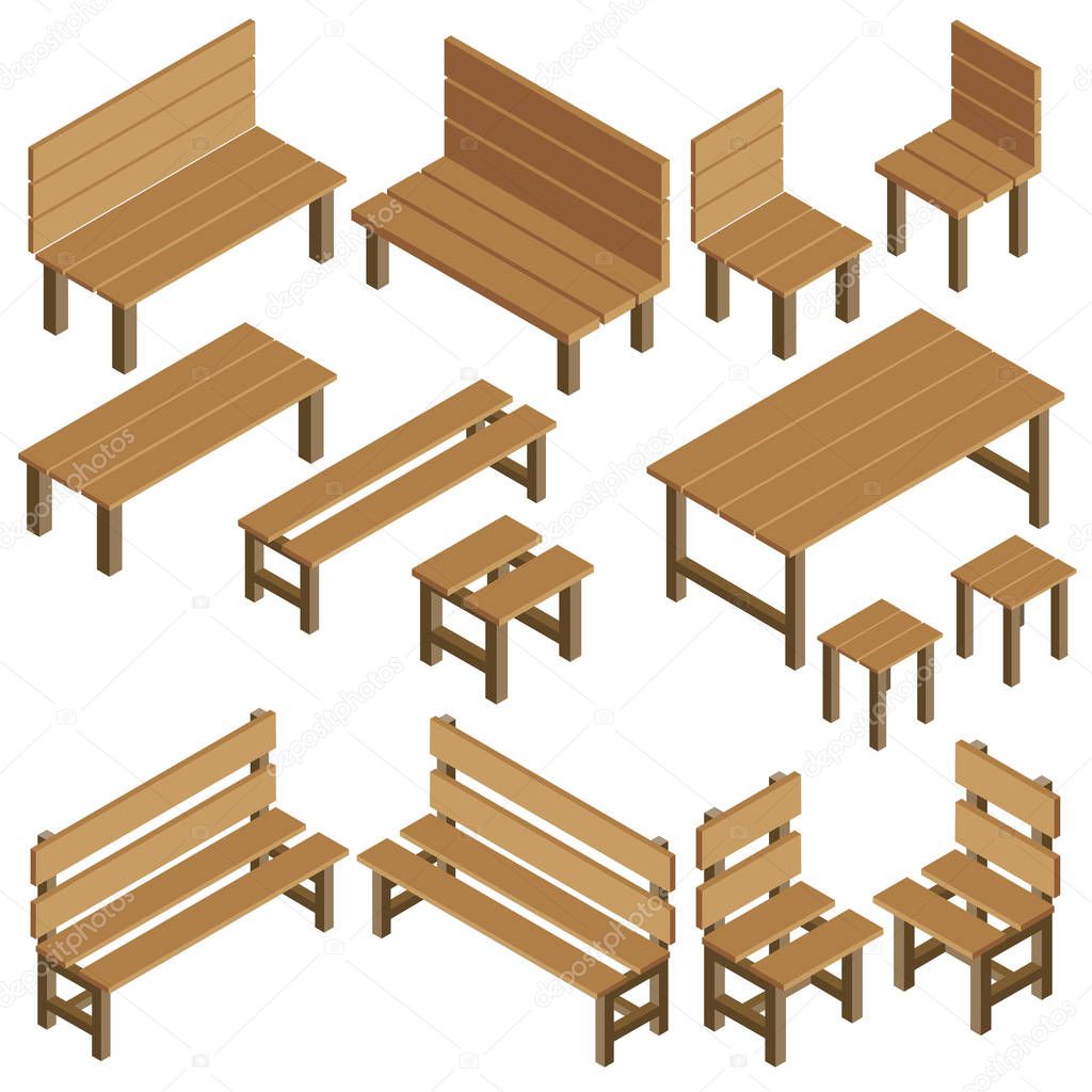 Isometric vector garden furniture for park, city, summer residen