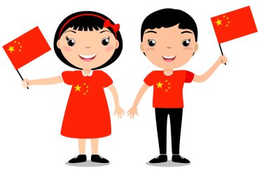 Çocuk gülümseyen, erkek ve kız, bir Çin elinde bayrak izole üzerinde beyaz arka plan.