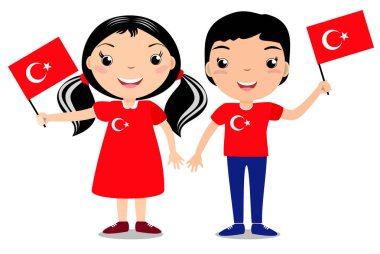 Gülümseyen çocuk, çocuk, beyaz arka plan üzerinde izole bir Türkiye bayrak tutan.