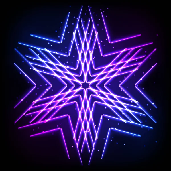 Kleurrijke neon sneeuwvlok op een donkere achtergrond, abstracte illustratie. — Stockvector