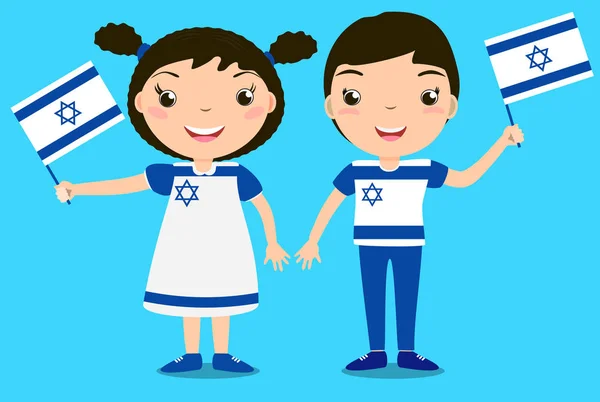 子どもたちの笑顔、男の子と女の子、イスラエルを保持フラグに孤立した青色の背景. — ストックベクタ