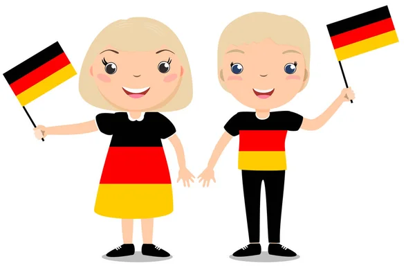 Niños sonrientes, niños y niñas, sosteniendo una bandera de Alemania aislada sobre fondo blanco . — Vector de stock