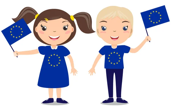 Uśmiechnięte dzieci, chłopiec i dziewczyna, trzymając flagę Unii Europejskiej na białym tle — Wektor stockowy