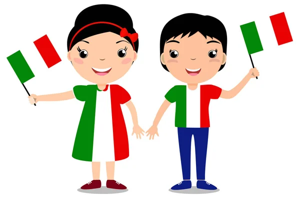 Uśmiechnięte dzieci, chłopiec i dziewczynka, gospodarstwa Włochy Flaga na białym tle na białym tle. — Wektor stockowy