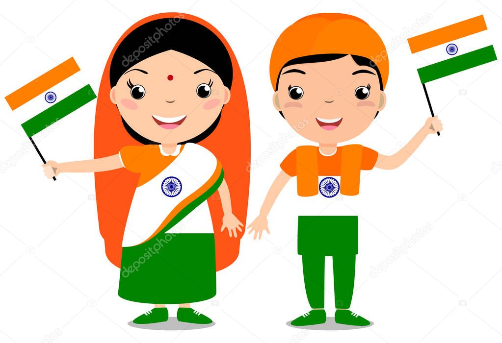 Smiling chilldren, boy and girl, holding a India flag isolated on white background.