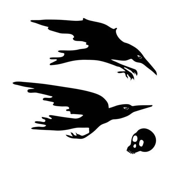 Crows. Skull. Diving, flying crows. Halloween element design. — Stock Vector