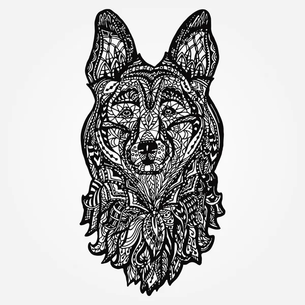 Cabeça de cão, cara de cão pastor. Colorir padrão de design de tatuagem, linha de doodle, estilo étnico tribal, símbolo gráfico animal 2018 , — Vetor de Stock