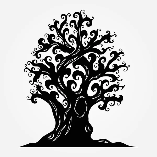 Árbol viejo con ramas prensadas, raíces huecas y anudadas. Tatuajes, estilo garabato . — Vector de stock