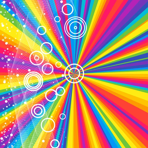 Raggi modello a strisce arcobaleno con linee d'onda bianche e cerchi . — Vettoriale Stock
