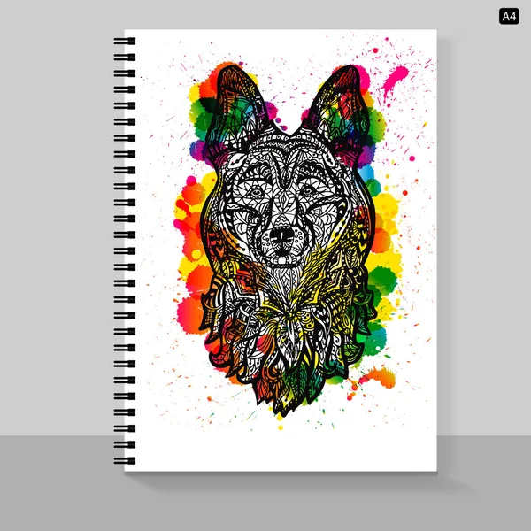 Portada de plantilla A4 cuaderno con cabeza de perro, cara de perro pastor, grunge animal gráfico símbolo 2018, ilustración aislada . — Archivo Imágenes Vectoriales