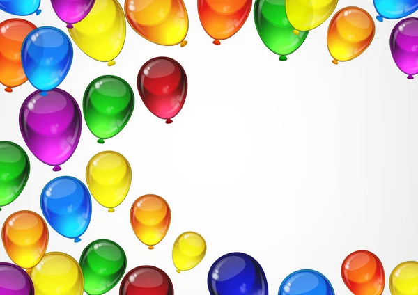 Coloridos globos festivos sobre un fondo blanco para la celebración, vacaciones, tarjeta de fiesta de cumpleaños con espacio para el texto. Diseño A4 . — Vector de stock