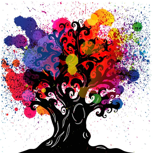 Eski grunge ağacıyla bükük dalları, içi boş, çetrefilli kökleri. Dövmeler, doodling tarzı. Öğe için Halloween tasarım, baskı T-shirt, hatıralık ürünleri.