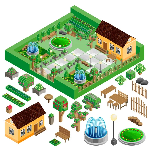 Isometric country house and yard with garden, park; fountains, architecture design elements, vector landscape constructor. — Stock Vector