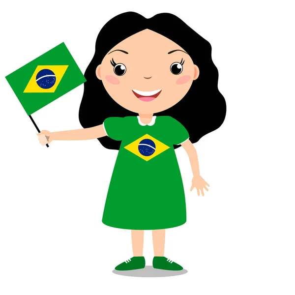 Criança sorridente, menina, segurando uma bandeira do Brasil isolada em fundo branco . — Vetor de Stock