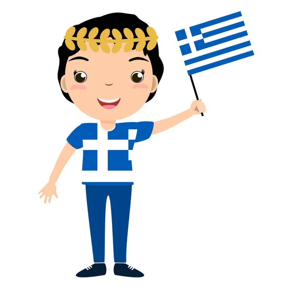 Gülümseyen chilld, beyaz arka plan üzerinde izole bir Yunanistan bayrak tutan çocuk,. — Stok Vektör