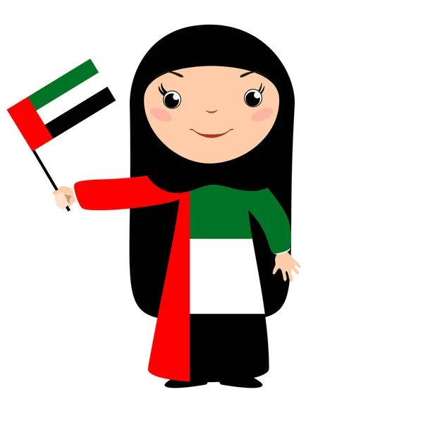 Criança sorridente, menina, segurando uma bandeira dos Emirados Árabes Unidos isolada em fundo branco . —  Vetores de Stock