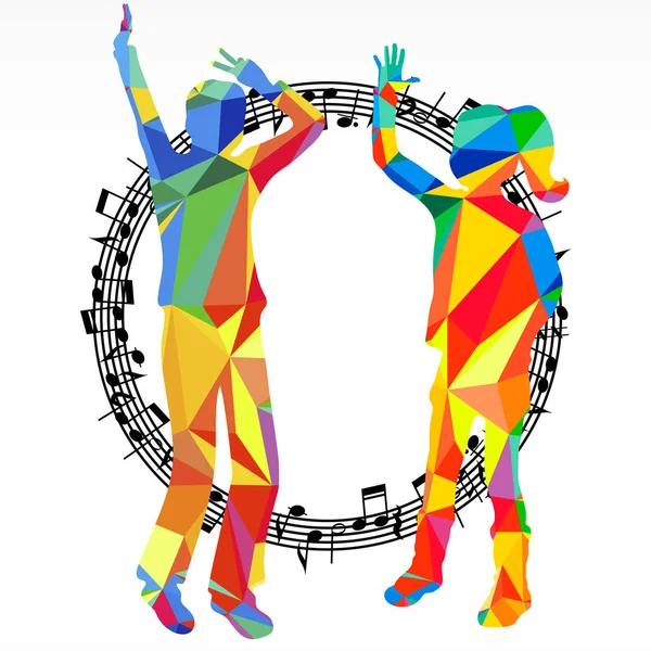 Silhouettes polygonales dansant les gens et le cercle de mélodie, fond de partie de bataille musicale . — Image vectorielle