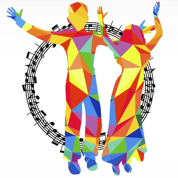 Silhouettes polygonales dansant les gens et le cercle de mélodie, fond de partie de bataille musicale . — Image vectorielle