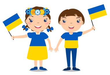 Smiling chilldren, boy and girl, holding a Ukraine flag isolated on white background.  clipart