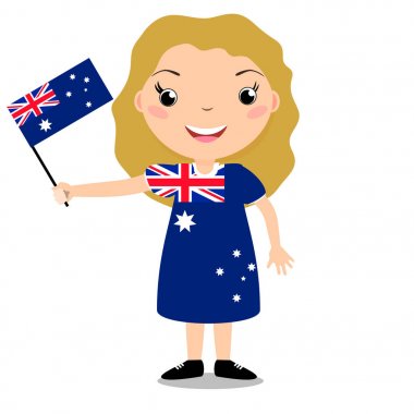 Gülümseyen çocuk, kız, beyaz arka plan üzerinde izole bir Avustralya bayrağı tutarak.