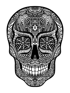 Kafatası, siyah ve beyaz vektör çizim beyaz arka planda, gün ölü sembolü dövme.