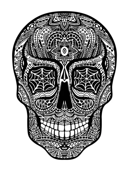 Tätowierter Totenkopf, schwarz-weiße Vektorabbildung auf weißem Hintergrund, Tag des toten Symbols. — Stockvektor