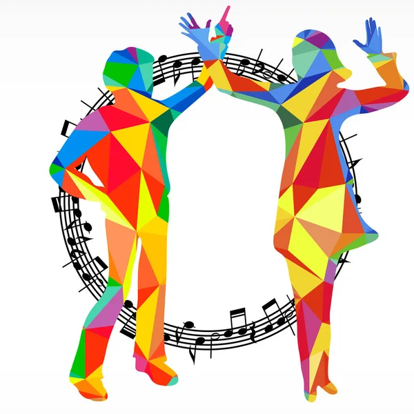 Polygon siluetter dansande personer och melodi cirkel, vector musik slaget parti bakgrund. — Stock vektor